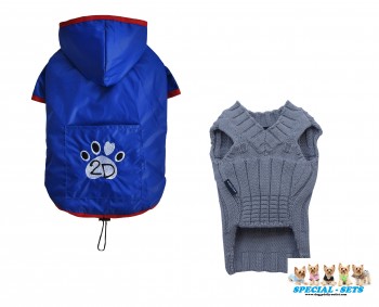 SPECIAL - SET - Herbst Regen Set blau - Hunde Regenjacke DR053 + Hundepullover W073 - M